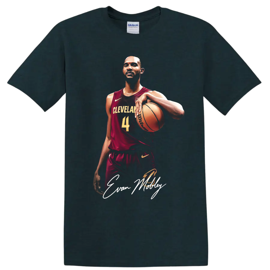 Evan Mobley Cleveland Cavaliers basketball portrait with number 4 and signature script on a Midnight (Green) T Shirt