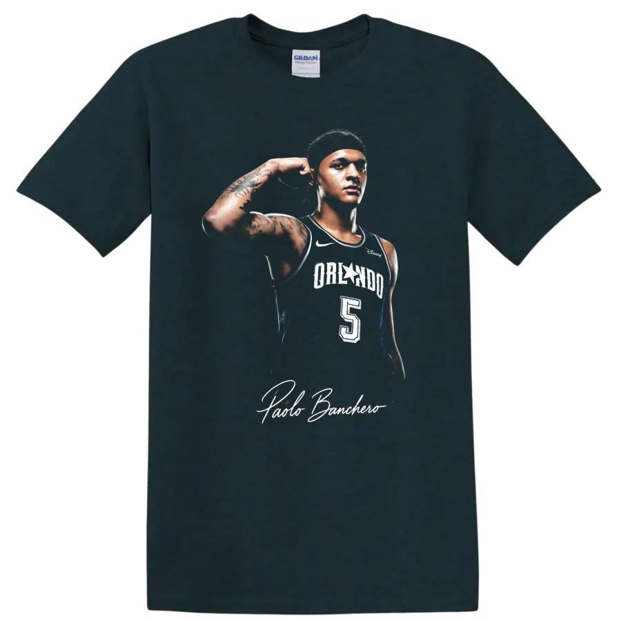 Paolo Banchero Orlando Magic player portrait with number 5 jersey and signature on a Midnight (Green) T Shirt