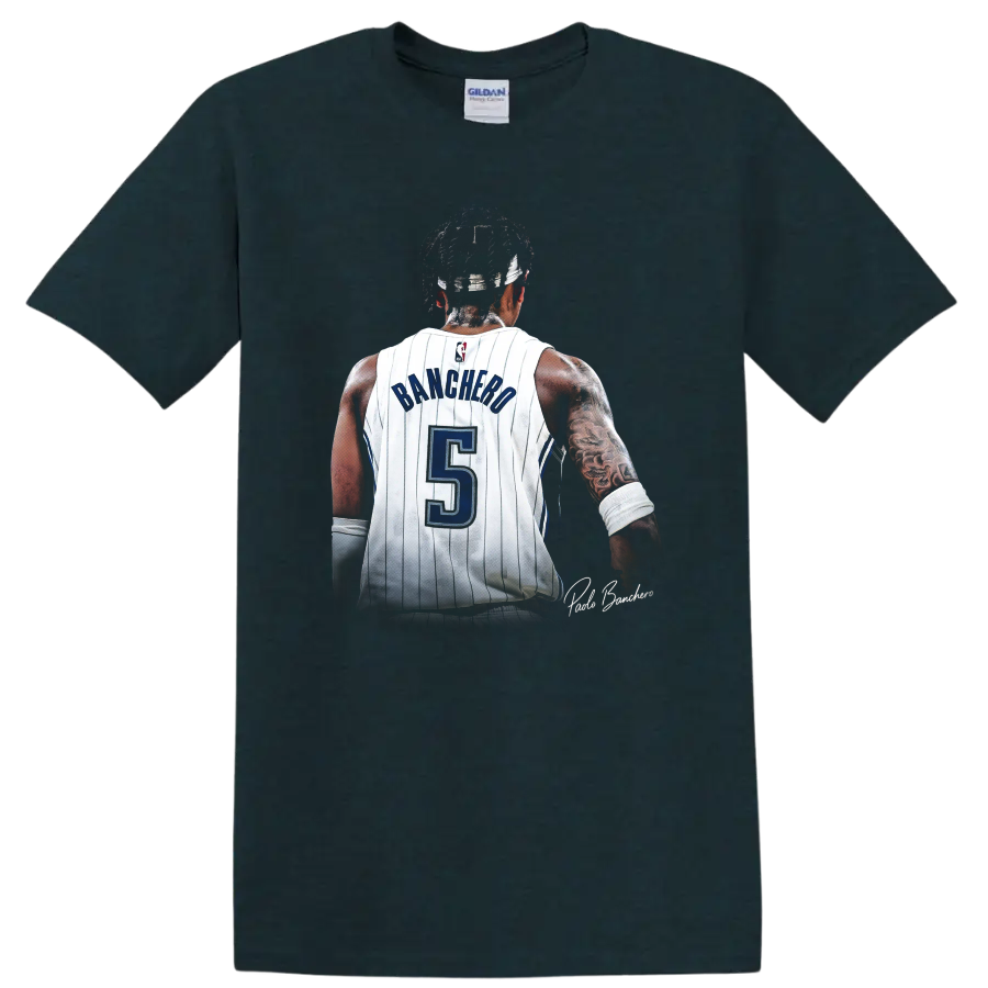 Paolo Banchero rear jersey portrait in white pinstripes with blue number 5 on a Midnight (Green) T Shirt