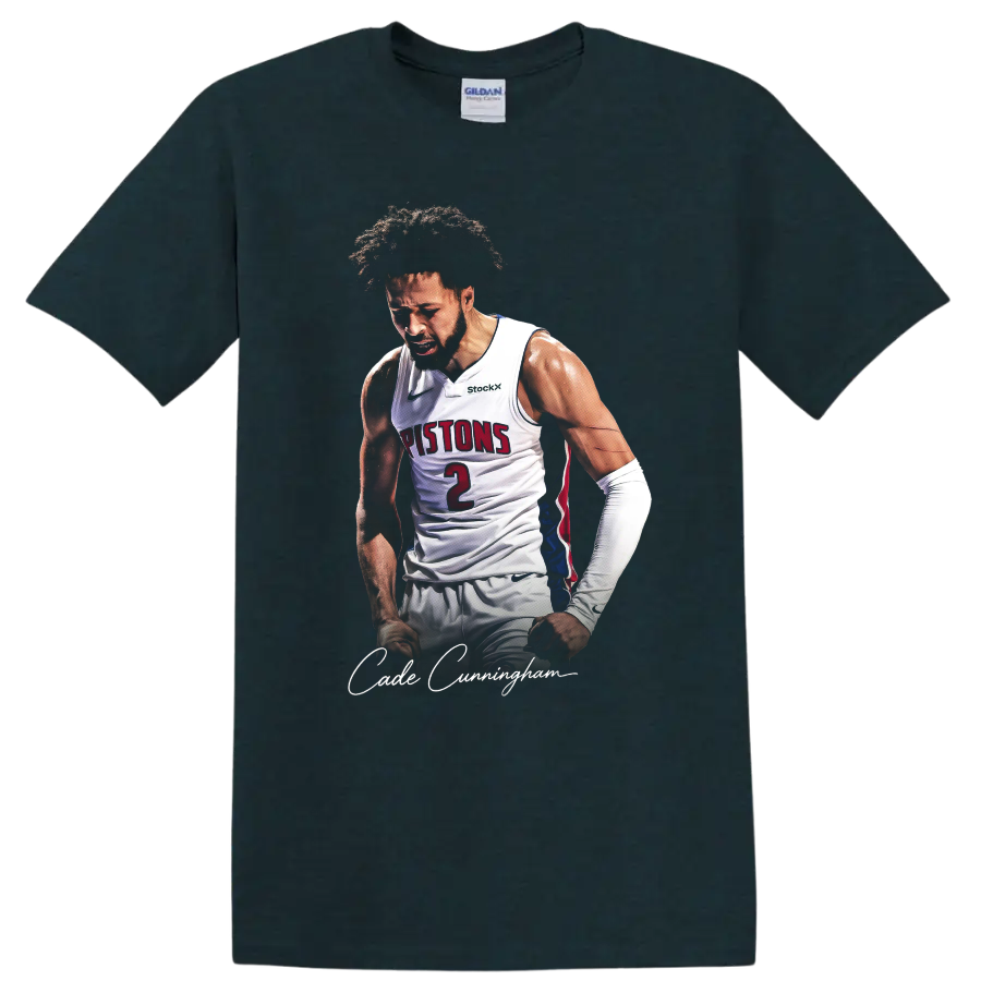 Cade Cunningham Detroit Pistons basketball portrait with number 2 and signature text on a Midnight (Green) T Shirt