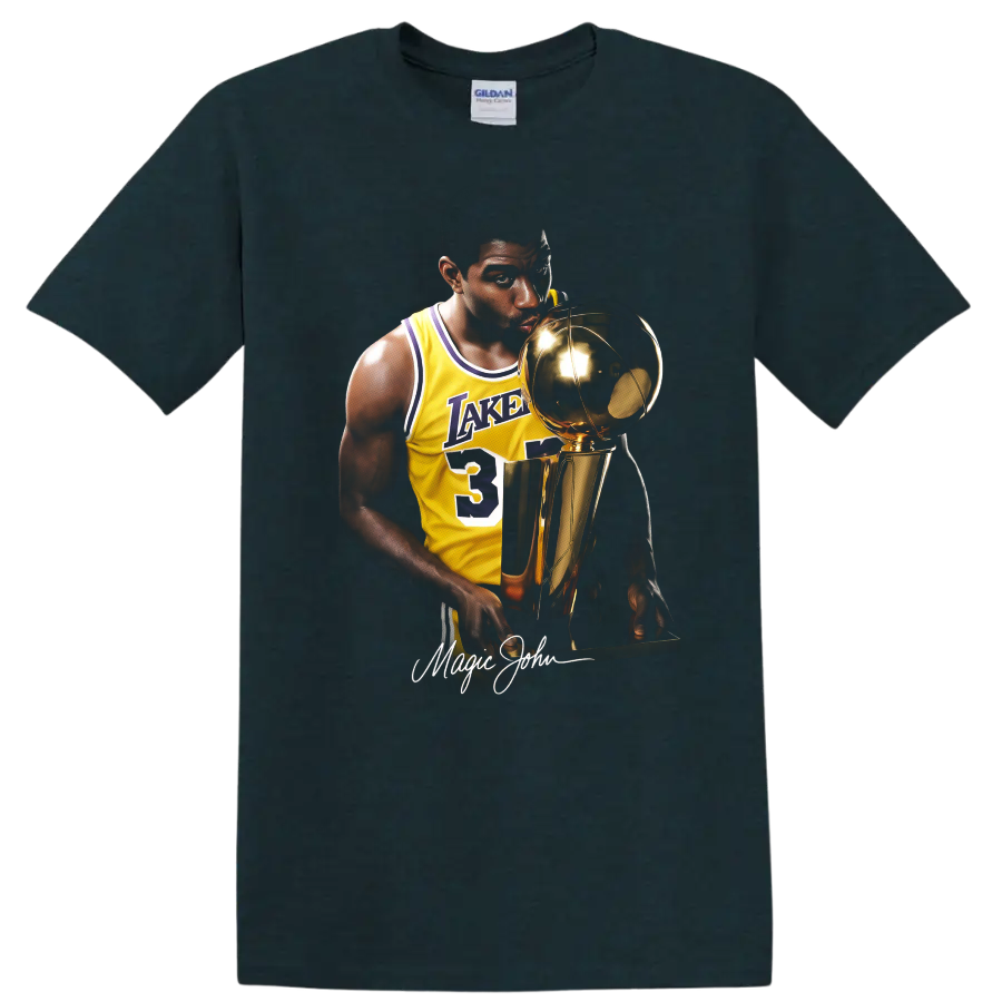 Magic Johnson in Los Angeles Lakers No. 32 jersey holding championship trophy portrait on a Midnight (Green) T Shirt