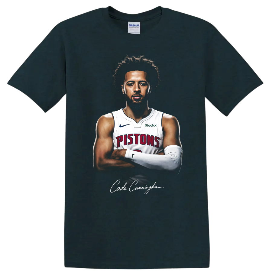 Cade Cunningham Detroit Pistons crossed-arm basketball portrait with signature on a Midnight (Green) T Shirt