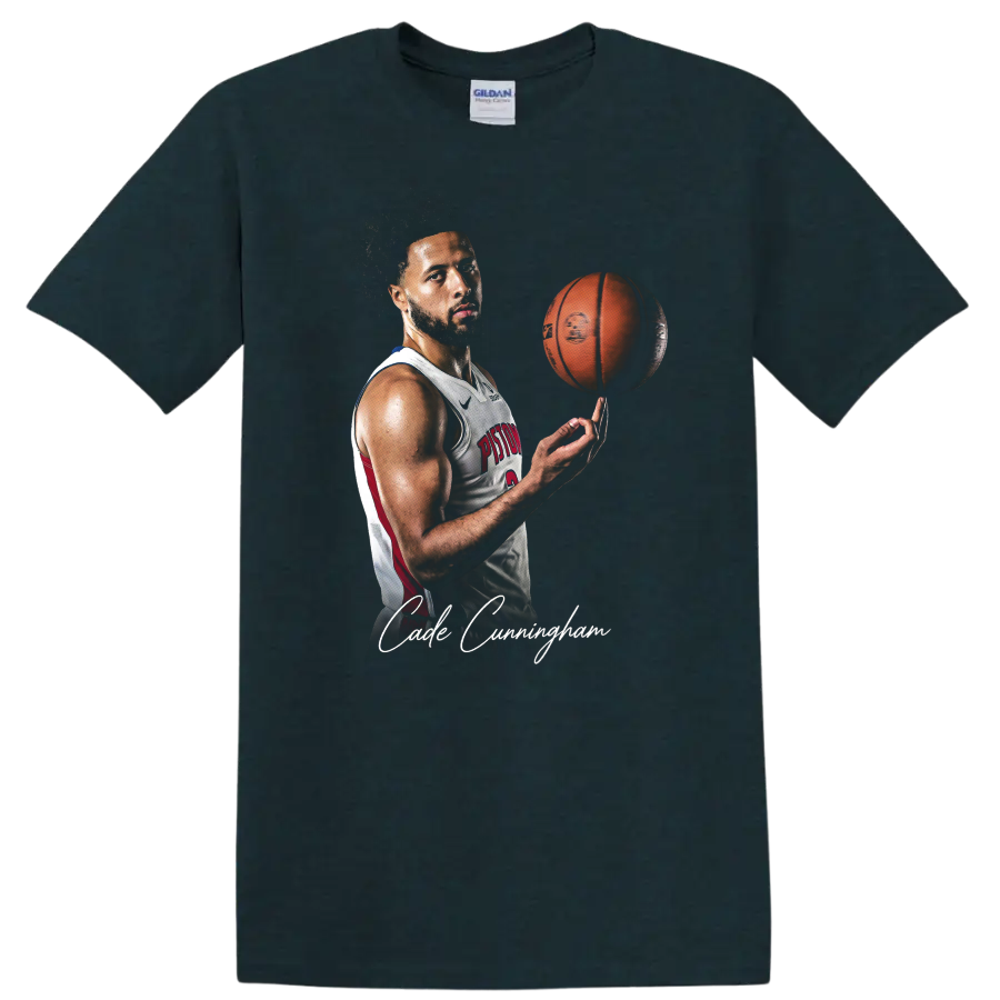 Cade Cunningham Detroit Pistons portrait with spinning basketball and signature script on a Midnight (Green) T Shirt