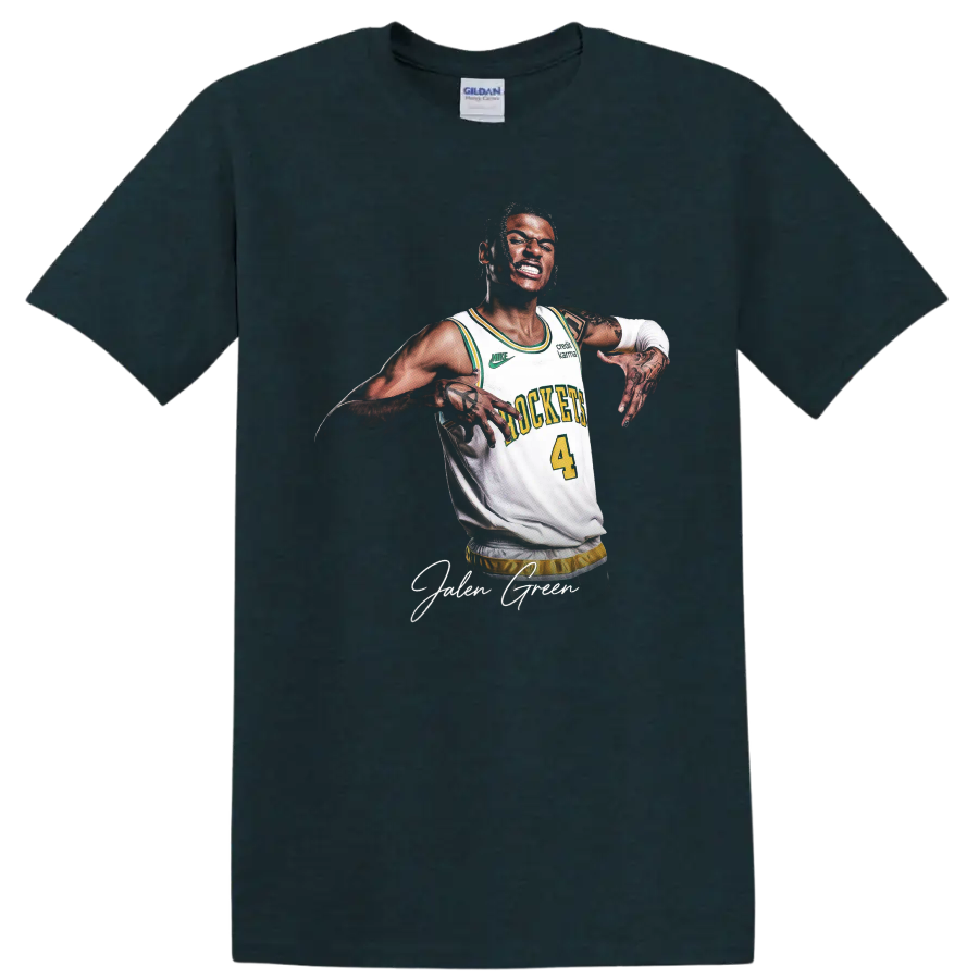 Jalen Green basketball portrait in a number 4 jersey with signature-style name text on a Midnight (Green) T Shirt