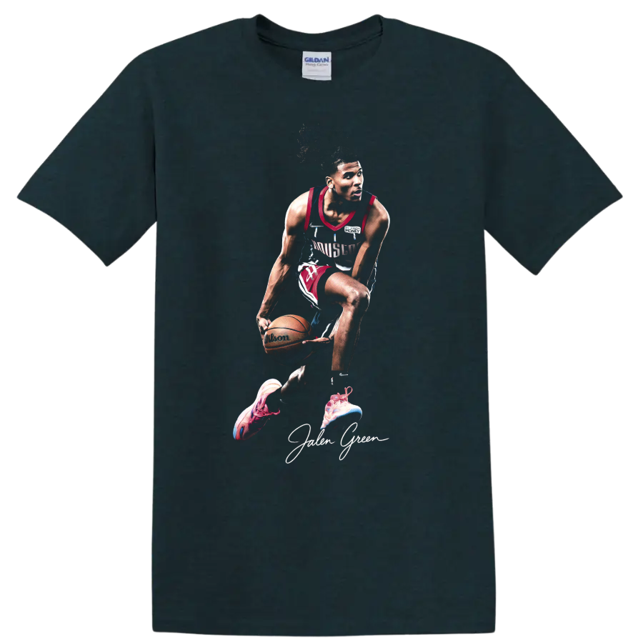 Jalen Green Houston Rockets dribbling basketball action graphic with signature text on a Midnight (Green) T Shirt