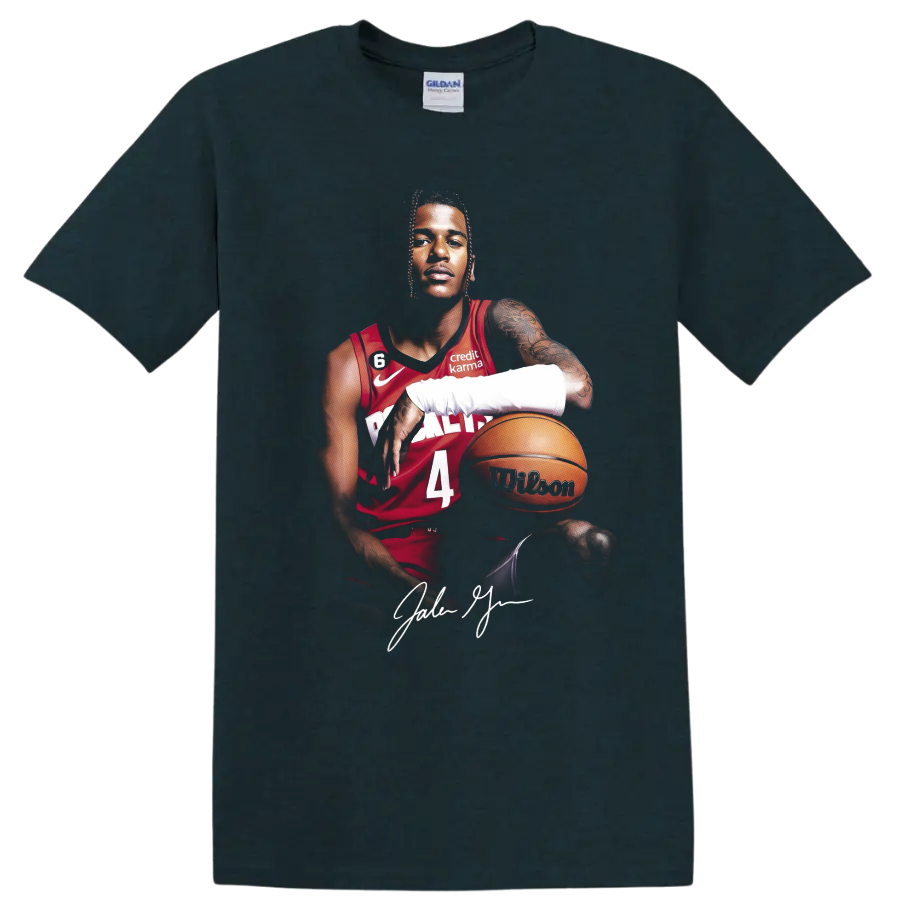 Jalen Green Houston Rockets basketball portrait with red number 4 jersey and ball on a Midnight (Green) T Shirt