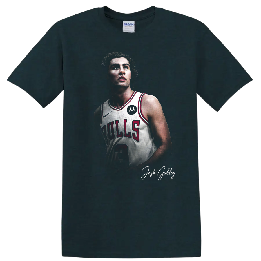 Josh Giddey Chicago Bulls number 3 basketball portrait with signature-style script on a Midnight (Green) T Shirt