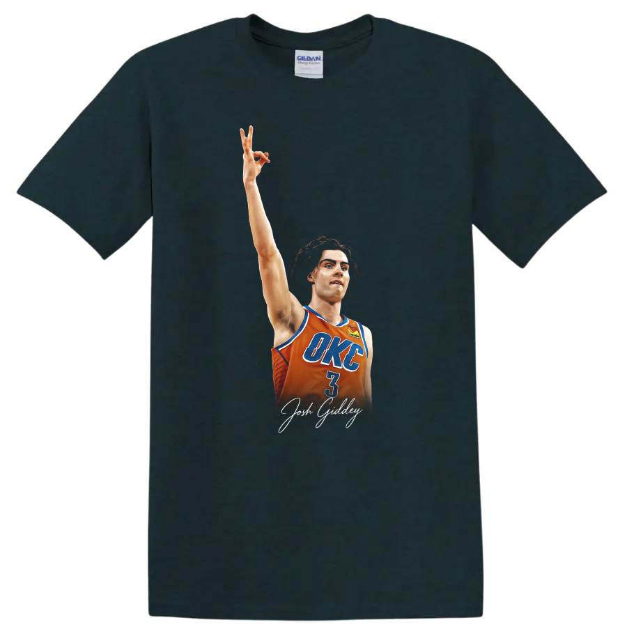 Josh Giddey in orange OKC number 3 jersey with raised arm and signature-style text on a Midnight (Green) T Shirt
