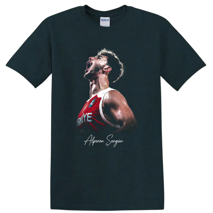 Alperen Şengün shouting in a red Turkey basketball jersey with signature script on a Midnight (Green) T Shirt