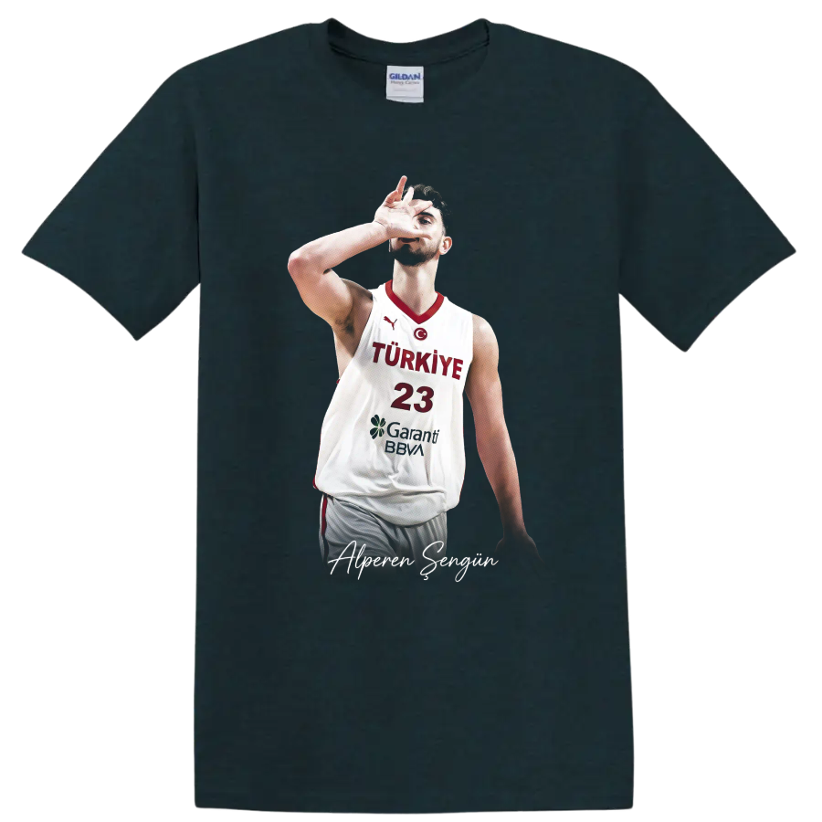 Alperen Şengün Turkey basketball action portrait with number 23 and signature text on a Midnight (Green) T Shirt