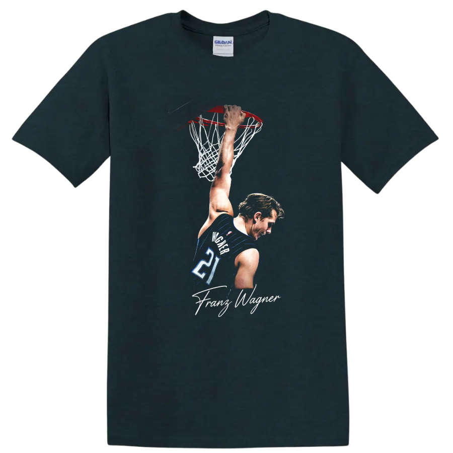 Franz Wagner Orlando Magic dunk graphic with hoop, net, jersey number 21, and signature on a Midnight (Green) T Shirt