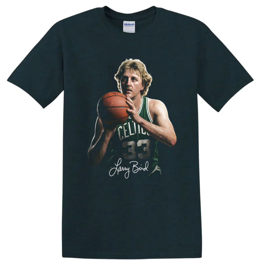 Larry Bird Boston Celtics number 33 basketball portrait with signature on a Midnight (Green) T Shirt