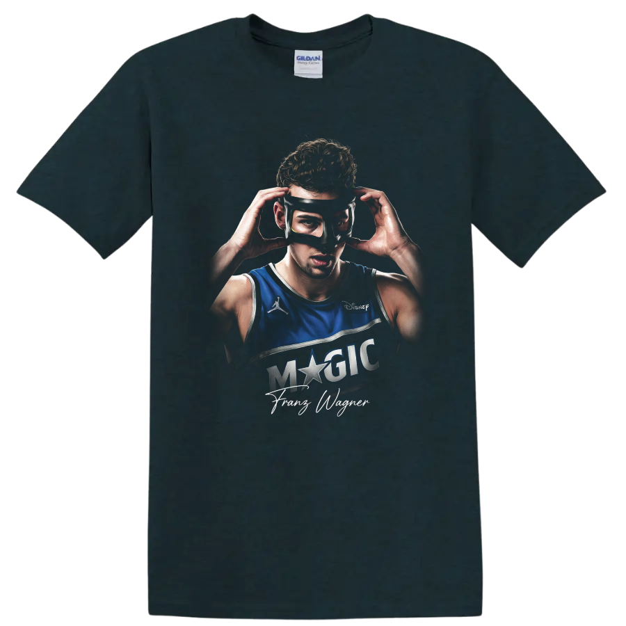Franz Wagner Orlando Magic masked basketball portrait with signature on a Midnight (Green) T Shirt