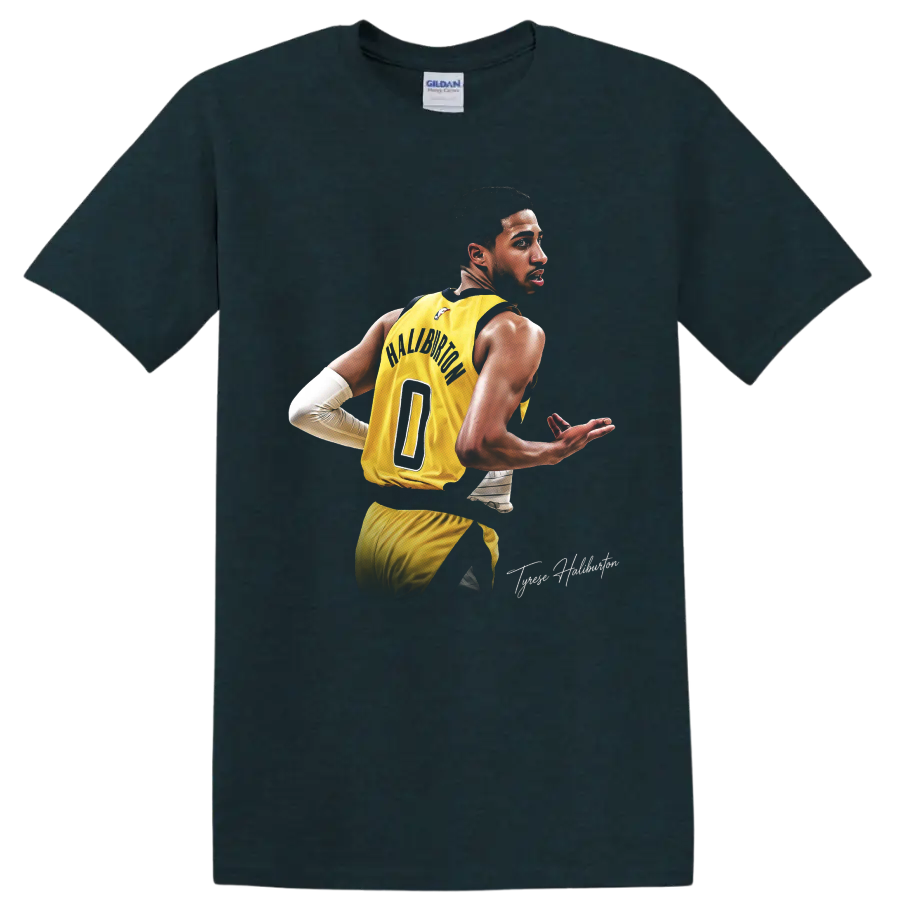 Tyrese Haliburton in yellow Indiana Pacers number 0 uniform, dynamic basketball portrait on a Midnight (Green) T Shirt