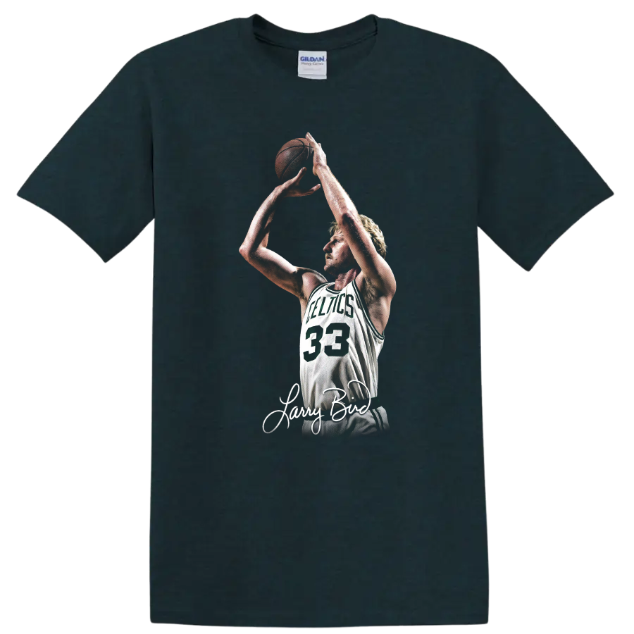 Larry Bird Celtics number 33 shooting pose graphic with signature-style script on a Midnight (Green) T Shirt