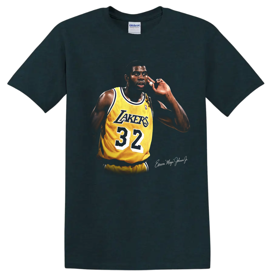 Magic Johnson in a Lakers number 32 jersey, detailed retro basketball portrait on a Midnight (Green) T Shirt