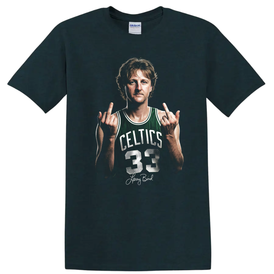 Larry Bird Boston Celtics number 33 portrait graphic with signature-style text on a Midnight (Green) T Shirt