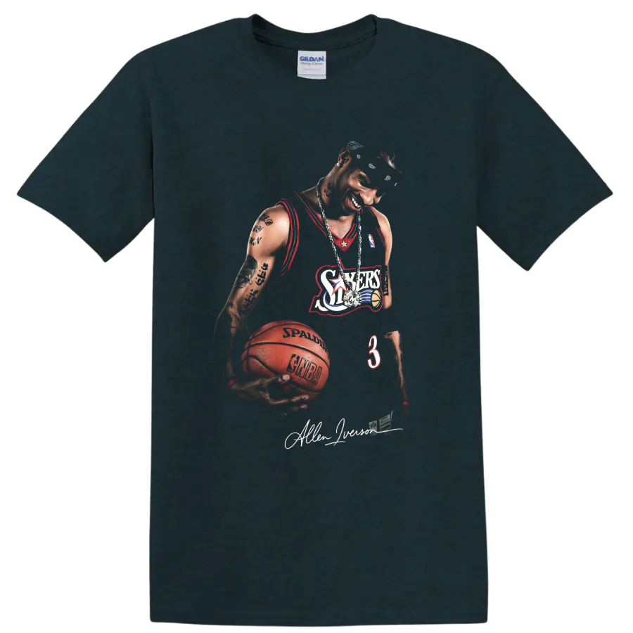 Allen Iverson Philadelphia 76ers number 3 basketball portrait with signature on a Midnight (Green) T Shirt