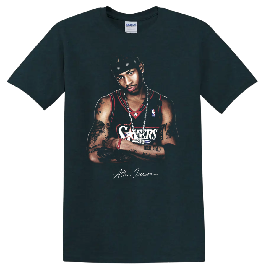 Allen Iverson Philadelphia 76ers basketball portrait with headband and jersey on a Midnight (Green) T Shirt