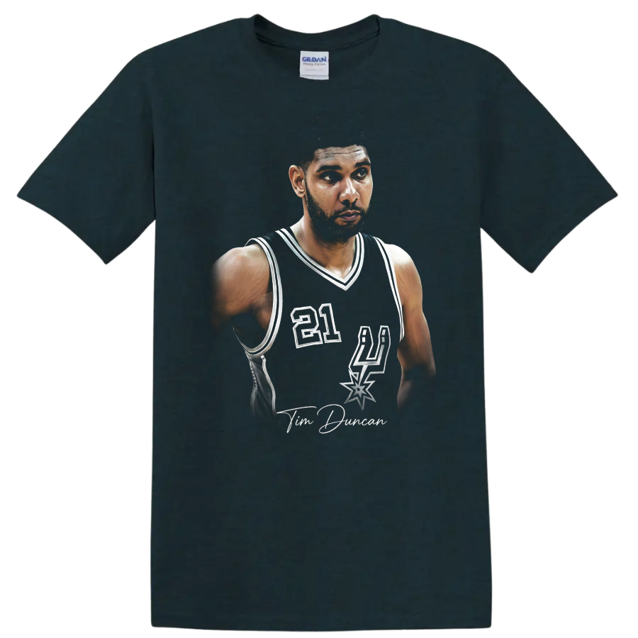 Tim Duncan San Antonio Spurs number 21 retro-style basketball portrait on a Midnight (Green) T Shirt