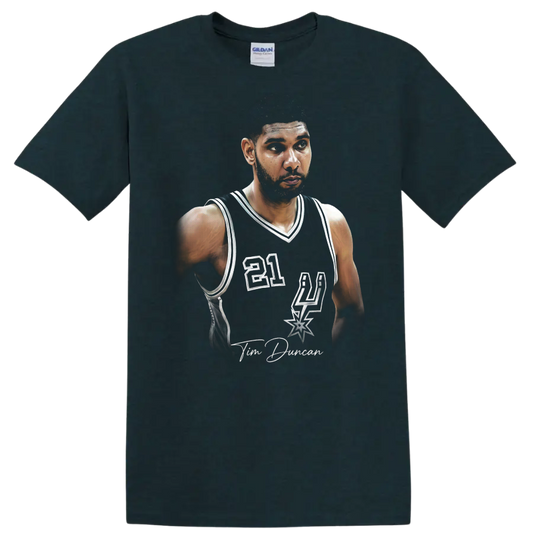 Tim Duncan San Antonio Spurs number 21 retro-style basketball portrait on a Midnight (Green) T Shirt