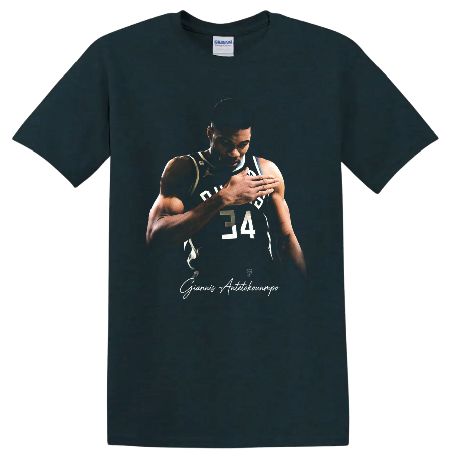 Giannis Antetokounmpo Milwaukee Bucks number 34 basketball portrait with signature on a Midnight (Green) T Shirt