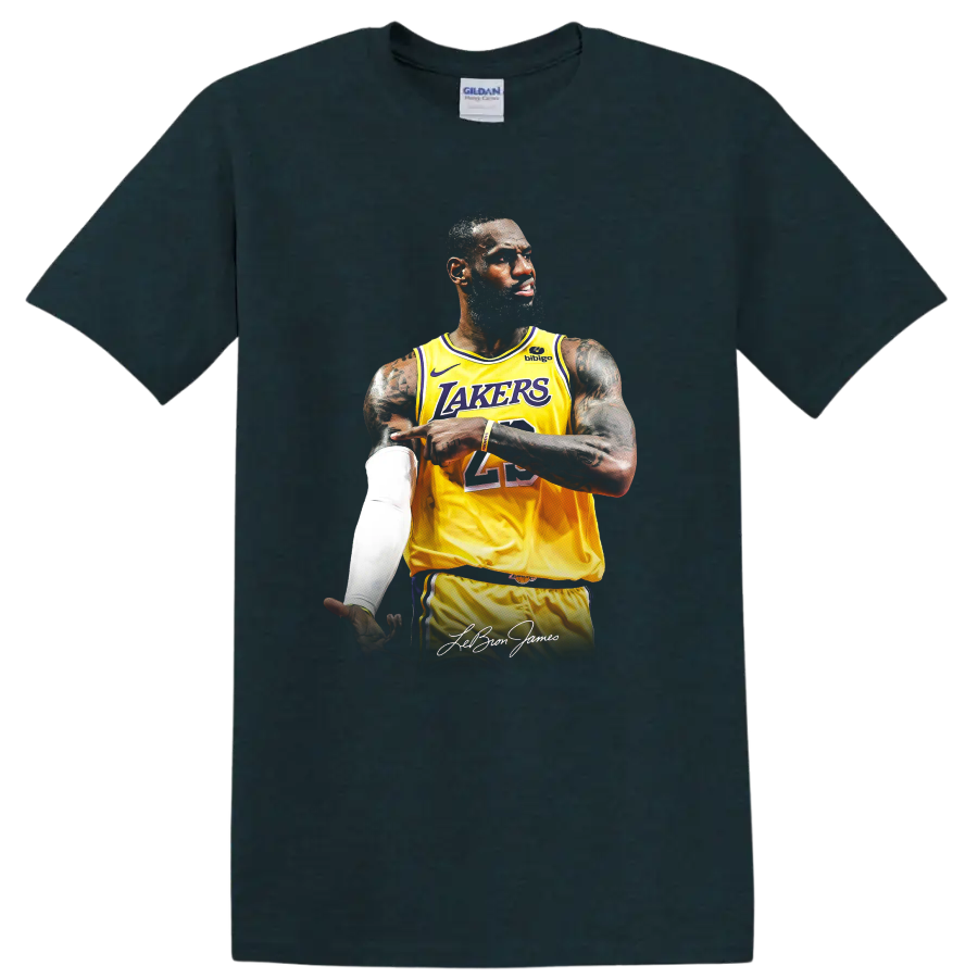 LeBron James in Los Angeles Lakers number 23 jersey portrait with signature on a Midnight (Green) T Shirt