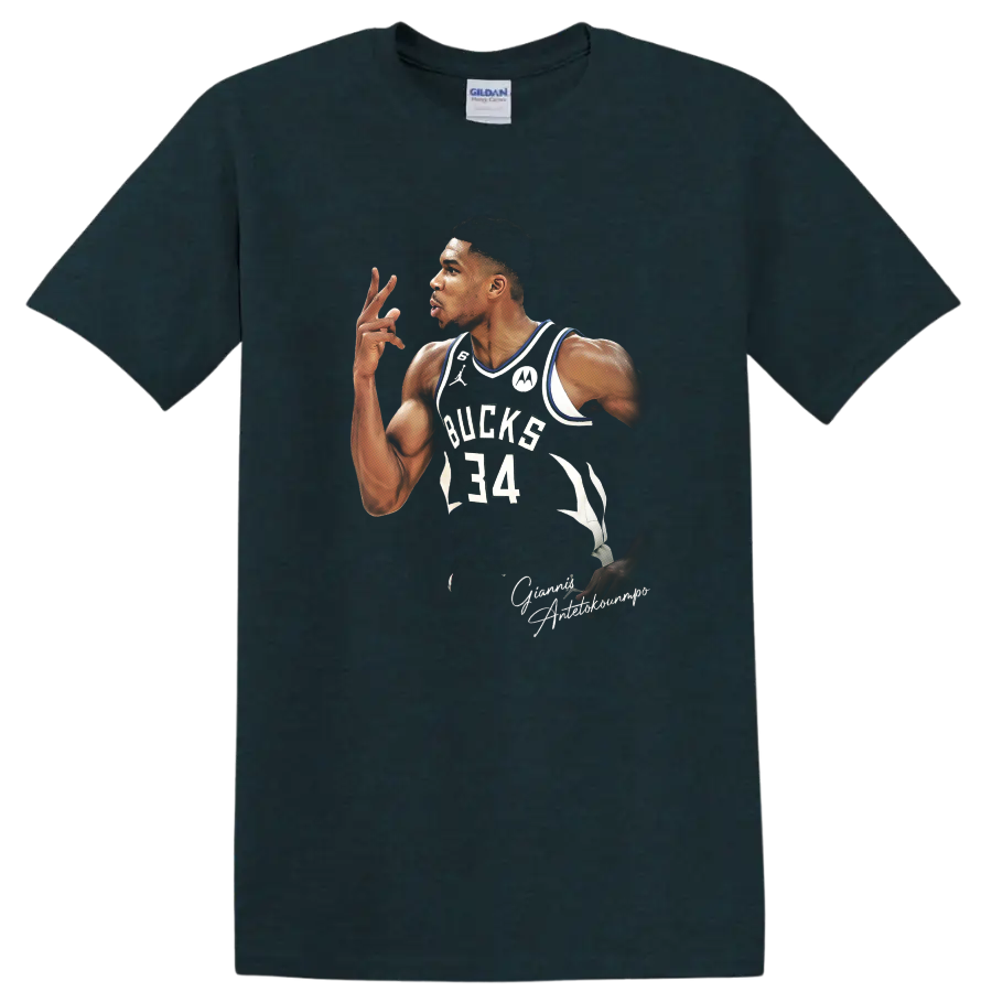 Giannis Antetokounmpo Milwaukee Bucks number 34 basketball portrait graphic on a Midnight (Green) T Shirt