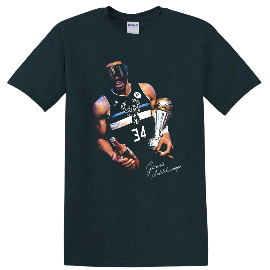 Giannis Antetokounmpo Bucks championship trophy portrait with number 34 jersey on a Midnight (Green) T Shirt