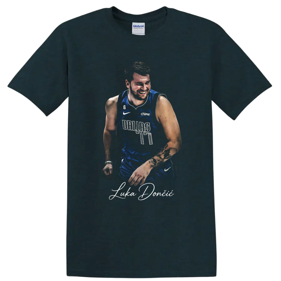 Luka Doncic Dallas Mavericks number 77 portrait with signature-style lettering on a Midnight (Green) T Shirt