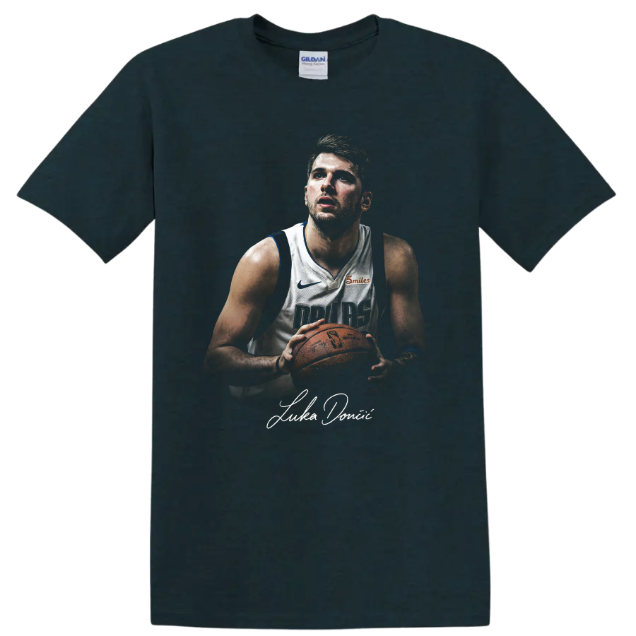 Kyrie Irving Dallas Mavericks basketball player portrait holding a ball on a Midnight (Green) T Shirt