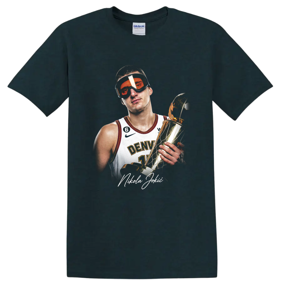 Nikola Jokić holding a gold trophy in orange goggles and Denver jersey portrait on a Midnight (Green) T Shirt