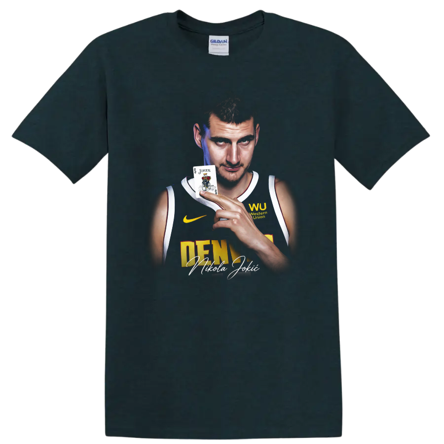 Nikola Jokić Denver Nuggets portrait holding a Joker card with signature-style text on a Midnight (Green) T Shirt
