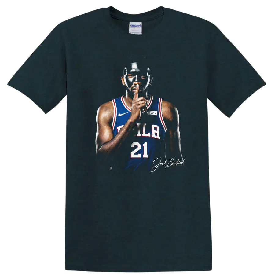 Joel Embiid masked Philadelphia 76ers number 21 basketball portrait with signature on a Midnight (Green) T Shirt