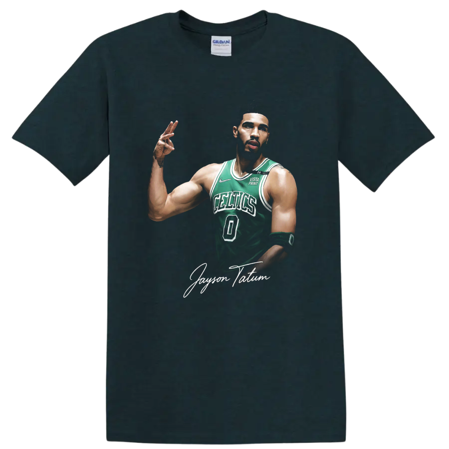 Jayson Tatum Boston Celtics number 0 basketball portrait with signature script on a Midnight (Green) T Shirt