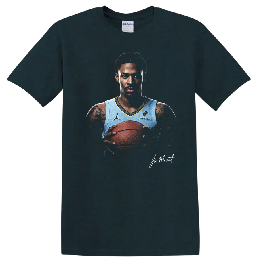 Ja Morant Memphis Grizzlies basketball portrait holding a ball with signature detail on a Midnight (Green) T Shirt