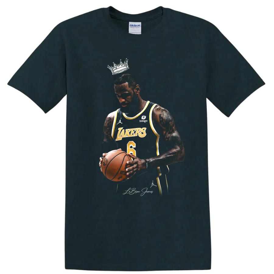 LeBron James Lakers-style basketball portrait with crown and number 6 jersey on a Midnight (Green) T Shirt