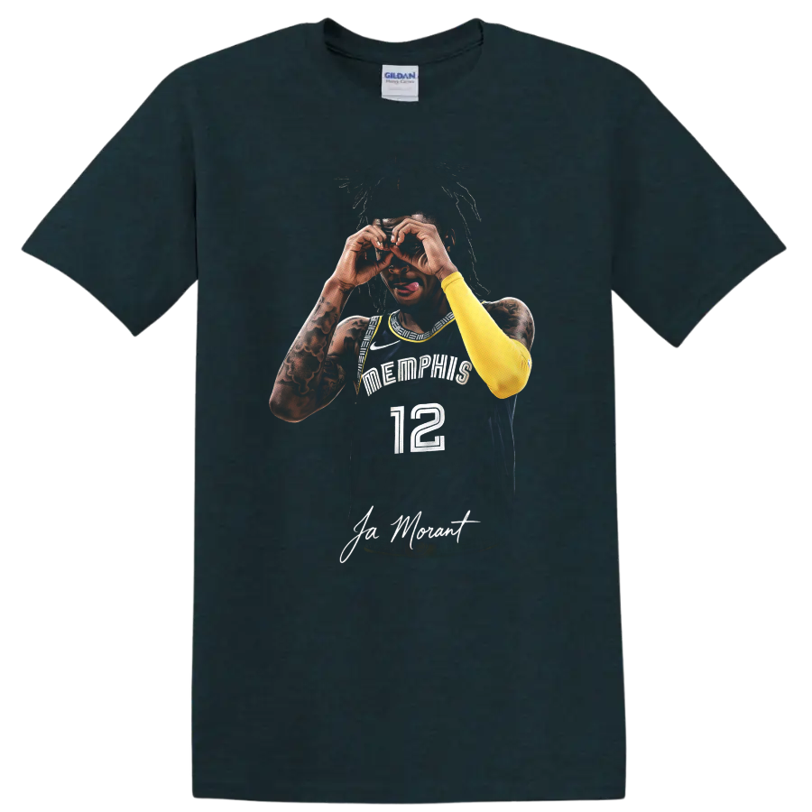 Ja Morant Memphis Grizzlies number 12 basketball portrait with binocular hand gesture on a Midnight (Green) T Shirt