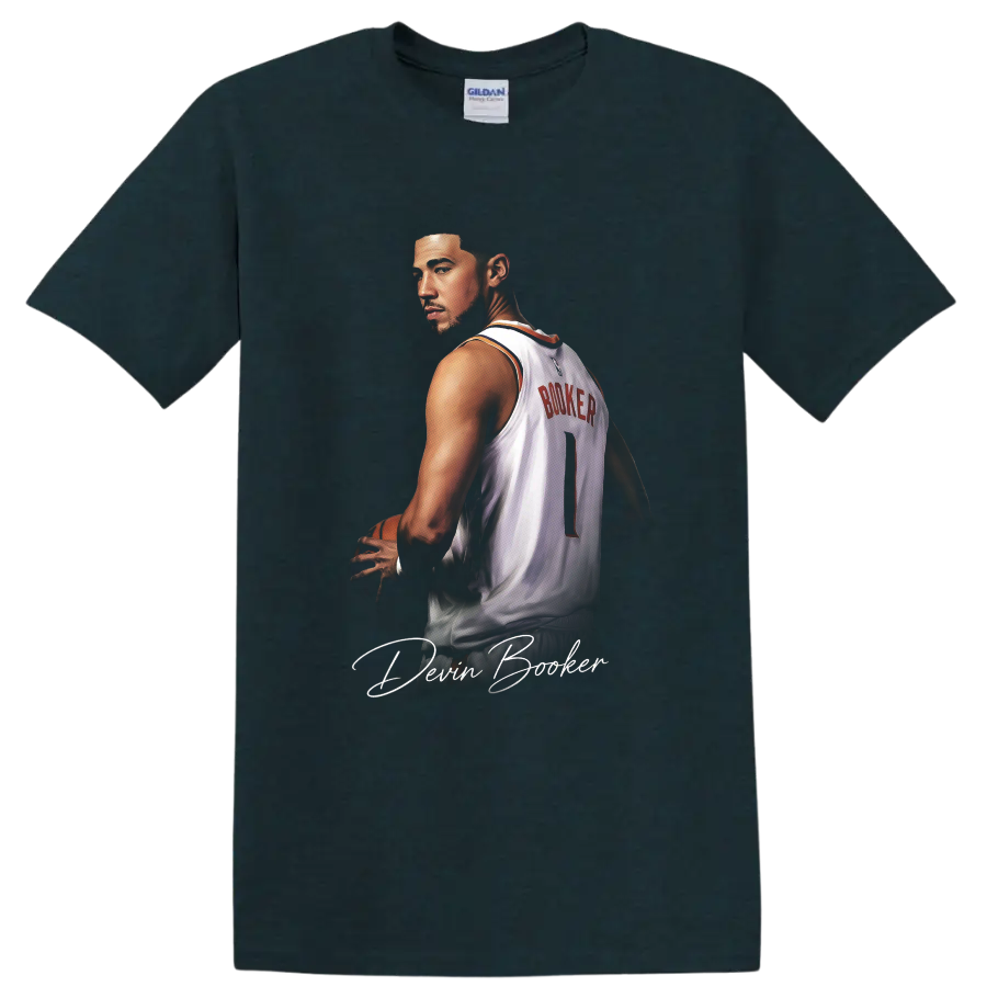 Devin Booker Phoenix Suns jersey portrait with basketball, number 1 and signature script on a Midnight (Green) T Shirt