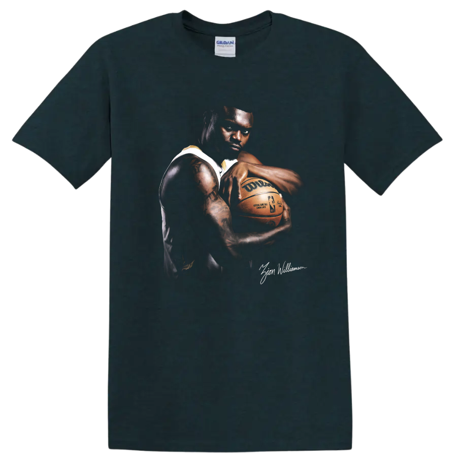 Zion Williamson basketball portrait holding a ball in dramatic high-contrast style on a Midnight (Green) T Shirt