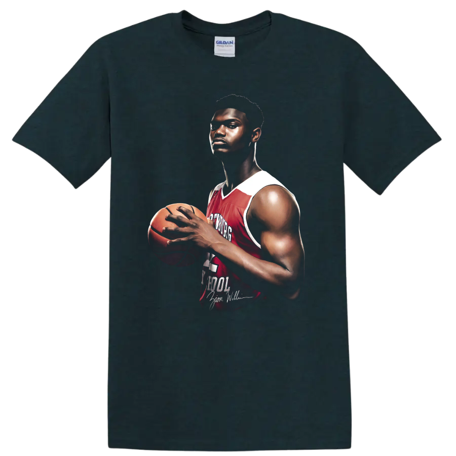 Zion Williamson Spartanburg Day School basketball portrait with red number 1 jersey on a Midnight (Green) T Shirt