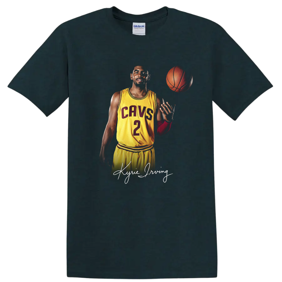 Kyrie Irving Cavaliers number 2 basketball portrait with floating ball and signature on a Midnight (Green) T Shirt