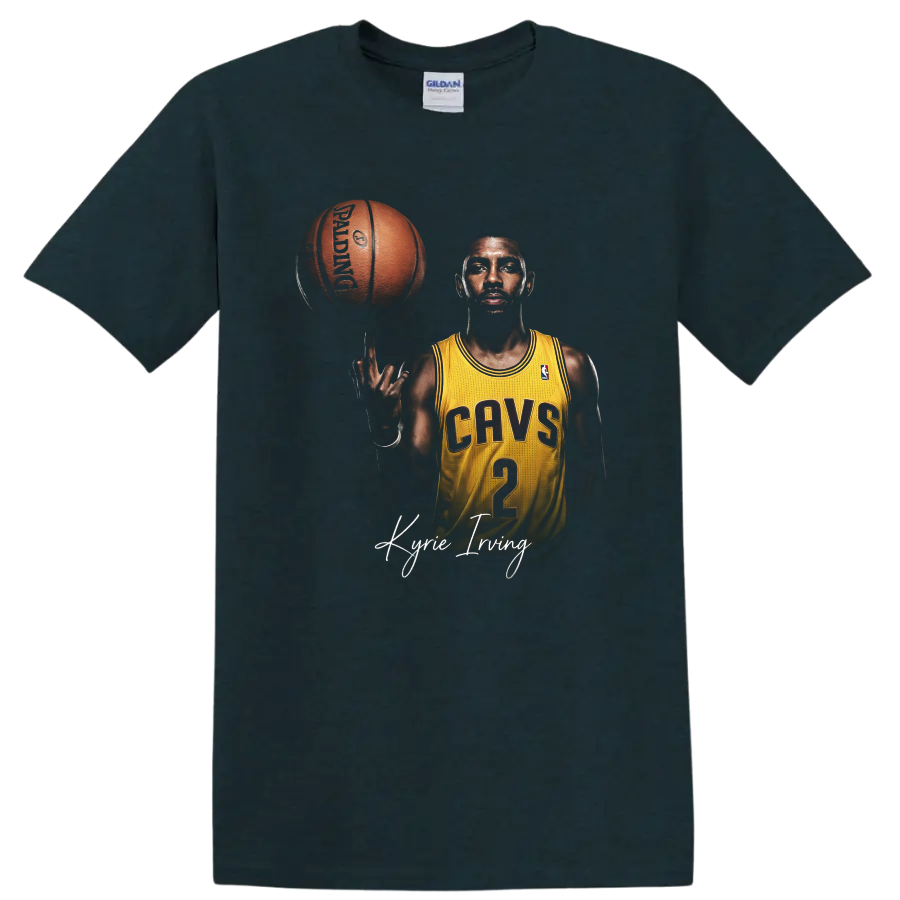 Kyrie Irving Cleveland Cavaliers basketball portrait with spinning ball and signature on a Midnight (Green) T Shirt