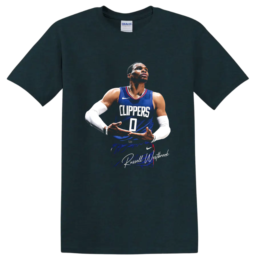 Russell Westbrook in Clippers number 0 jersey with signature-style text on a Midnight (Green) T Shirt