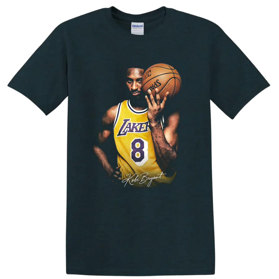 Kobe Bryant Lakers number 8 basketball portrait with signature script on a Midnight (Green) T Shirt