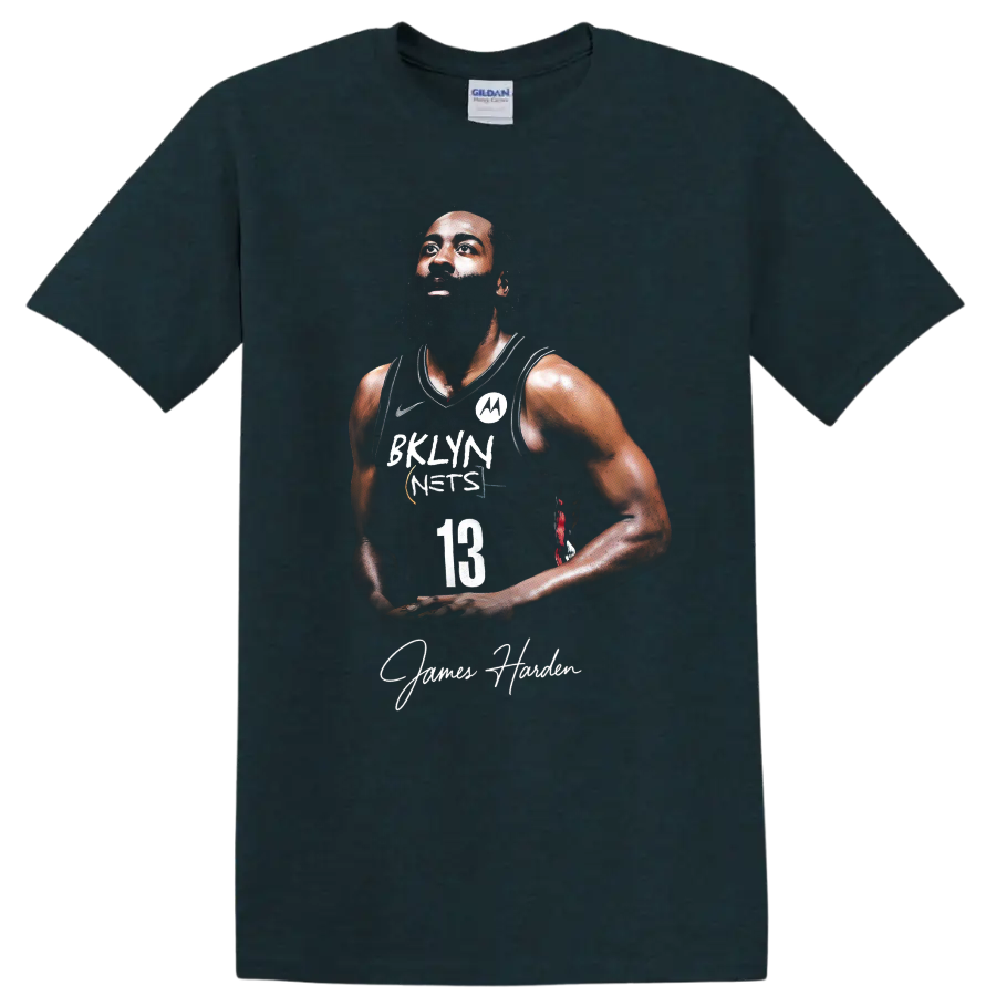 Kevin Durant Brooklyn Nets number 13 player portrait with signature-style name text on a Midnight (Green) T Shirt