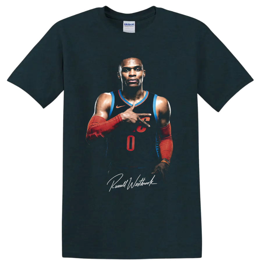 Russell Westbrook Oklahoma City Thunder number 0 basketball portrait with script signature on a Midnight (Green) T Shirt