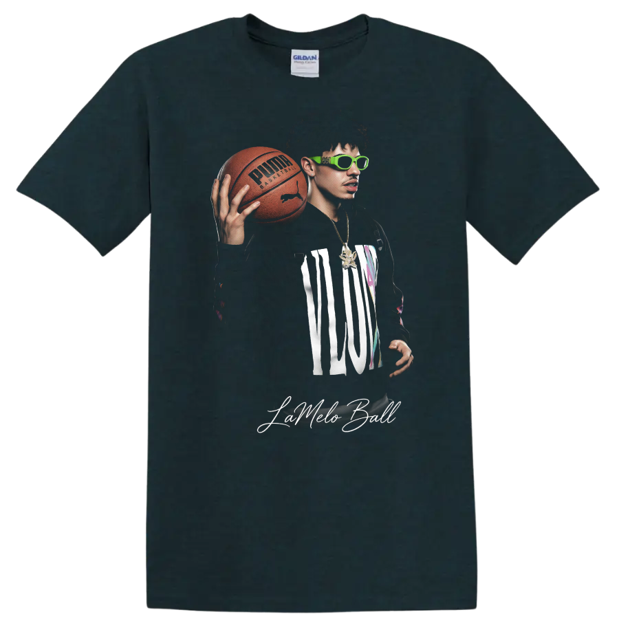 LaMelo Ball holding a basketball in neon green sunglasses with MELO lettering on a Midnight (Green) T Shirt