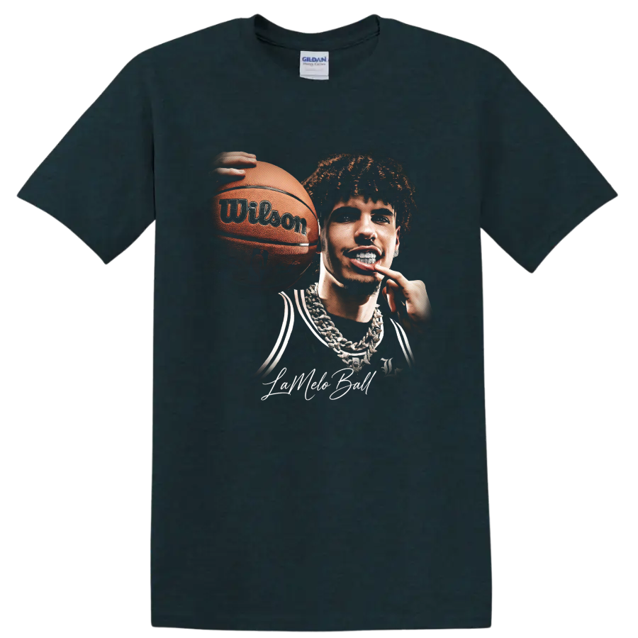 LaMelo Ball holding basketball in bold Charlotte Hornets portrait artwork on a Midnight (Green) T Shirt