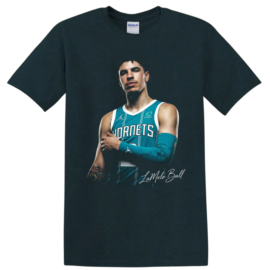 LaMelo Ball Charlotte Hornets teal jersey basketball portrait with script signature on a Midnight (Green) T Shirt